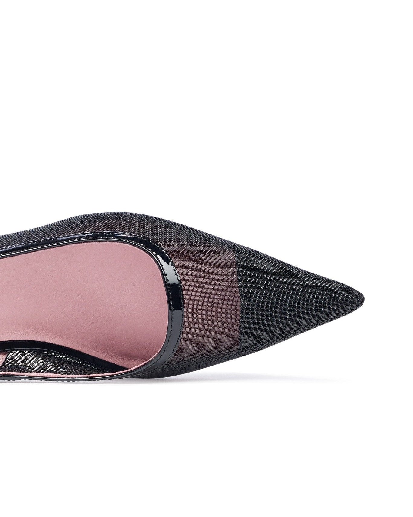 Black pointed-toe shoe with pink interior on a white background. Black