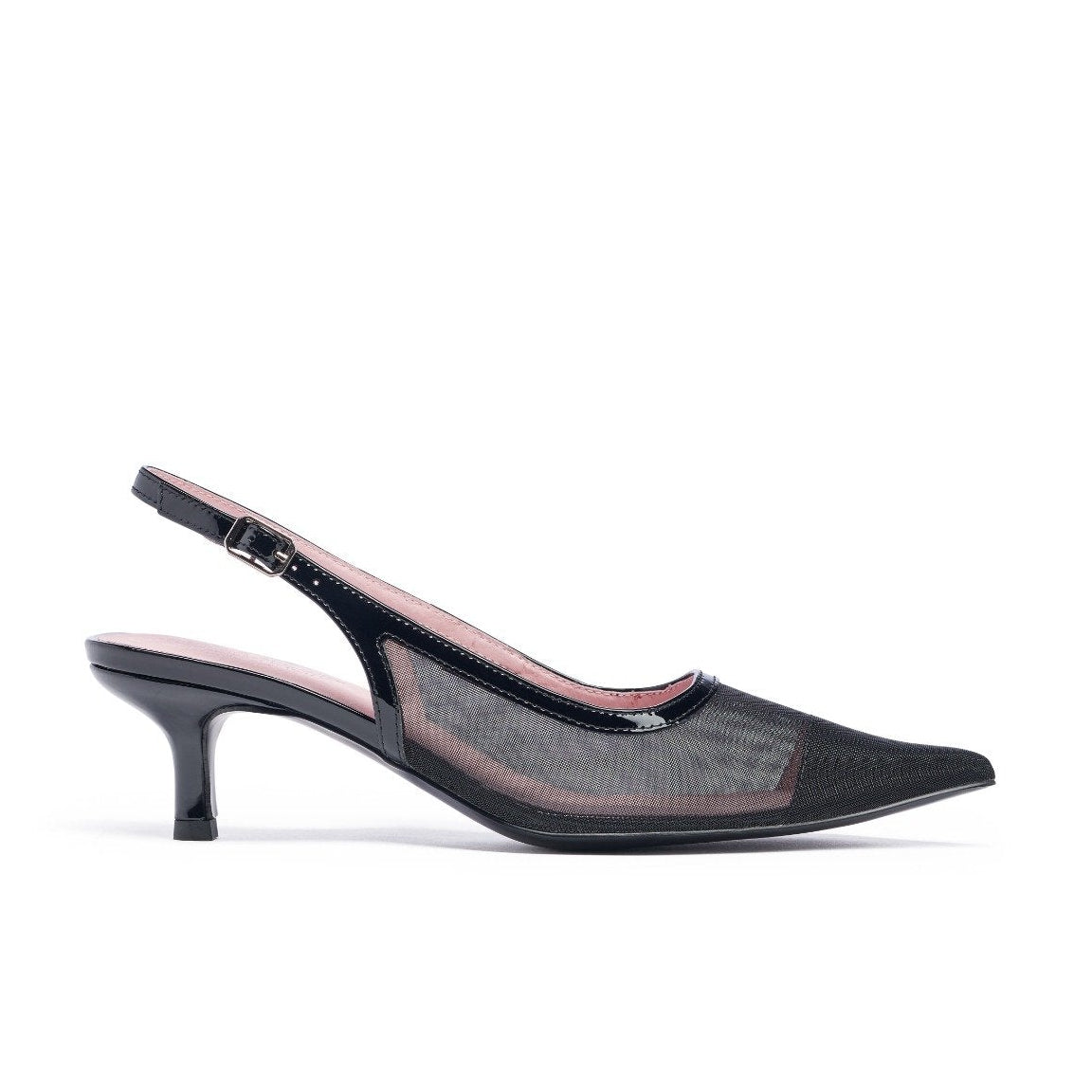 Black slingback shoe with pink interior on a white background. Black