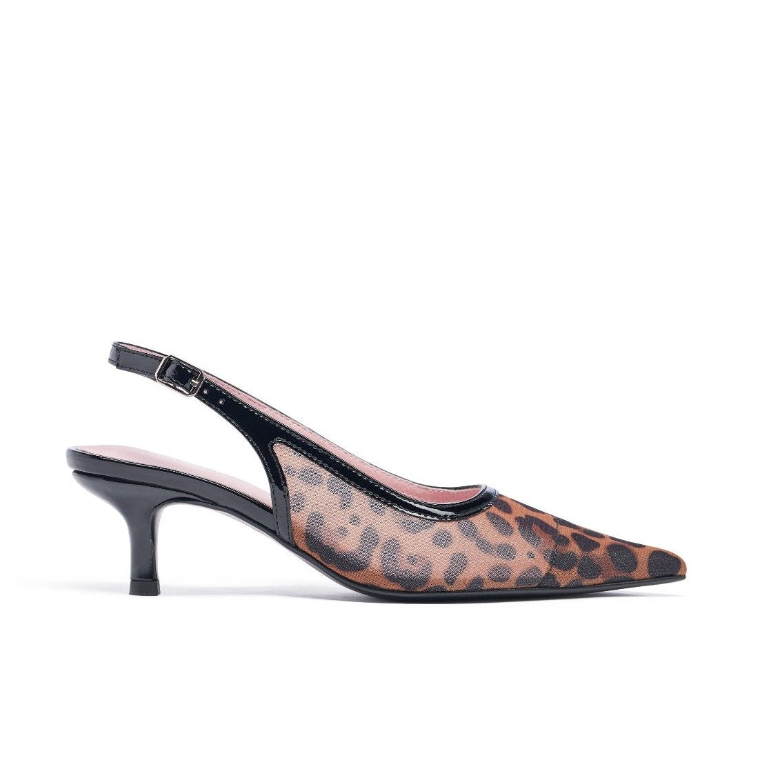 Leopard print slingback shoe on a white background. Leopard