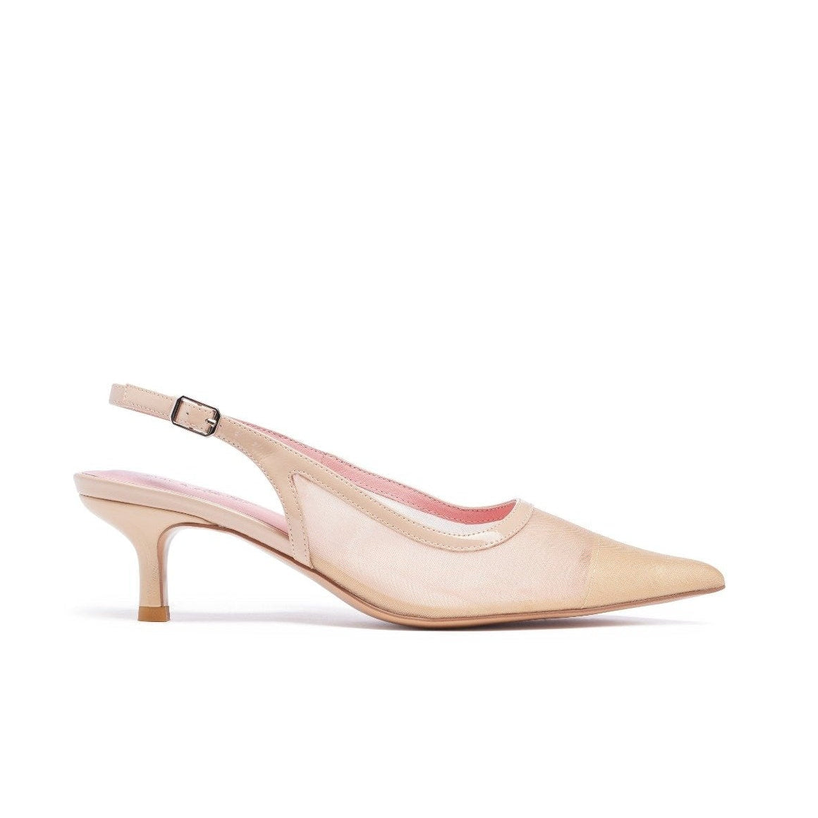 Beige slingback shoe on a white background. Nude
