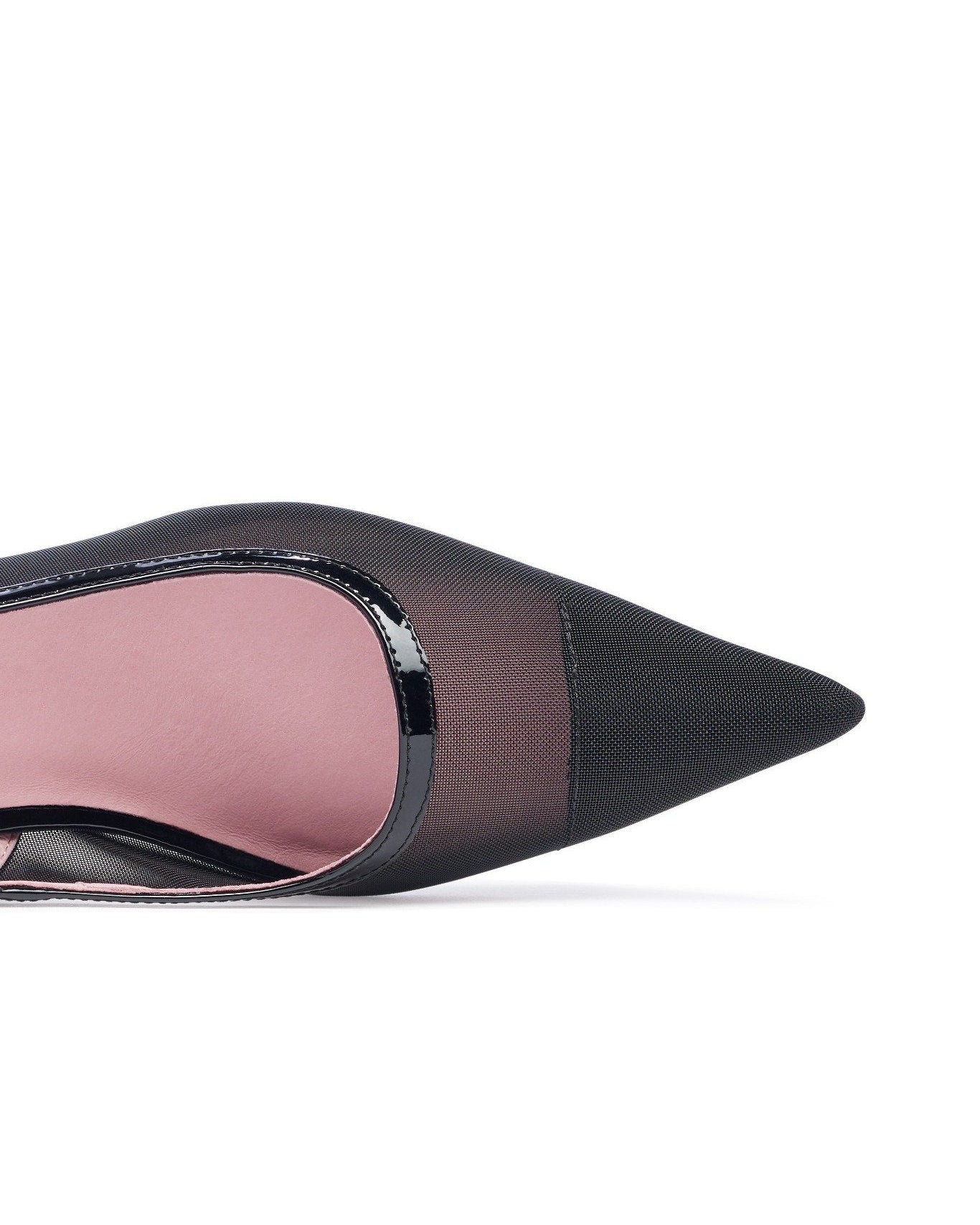 Black pointed-toe shoe with pink interior on a white background. Black