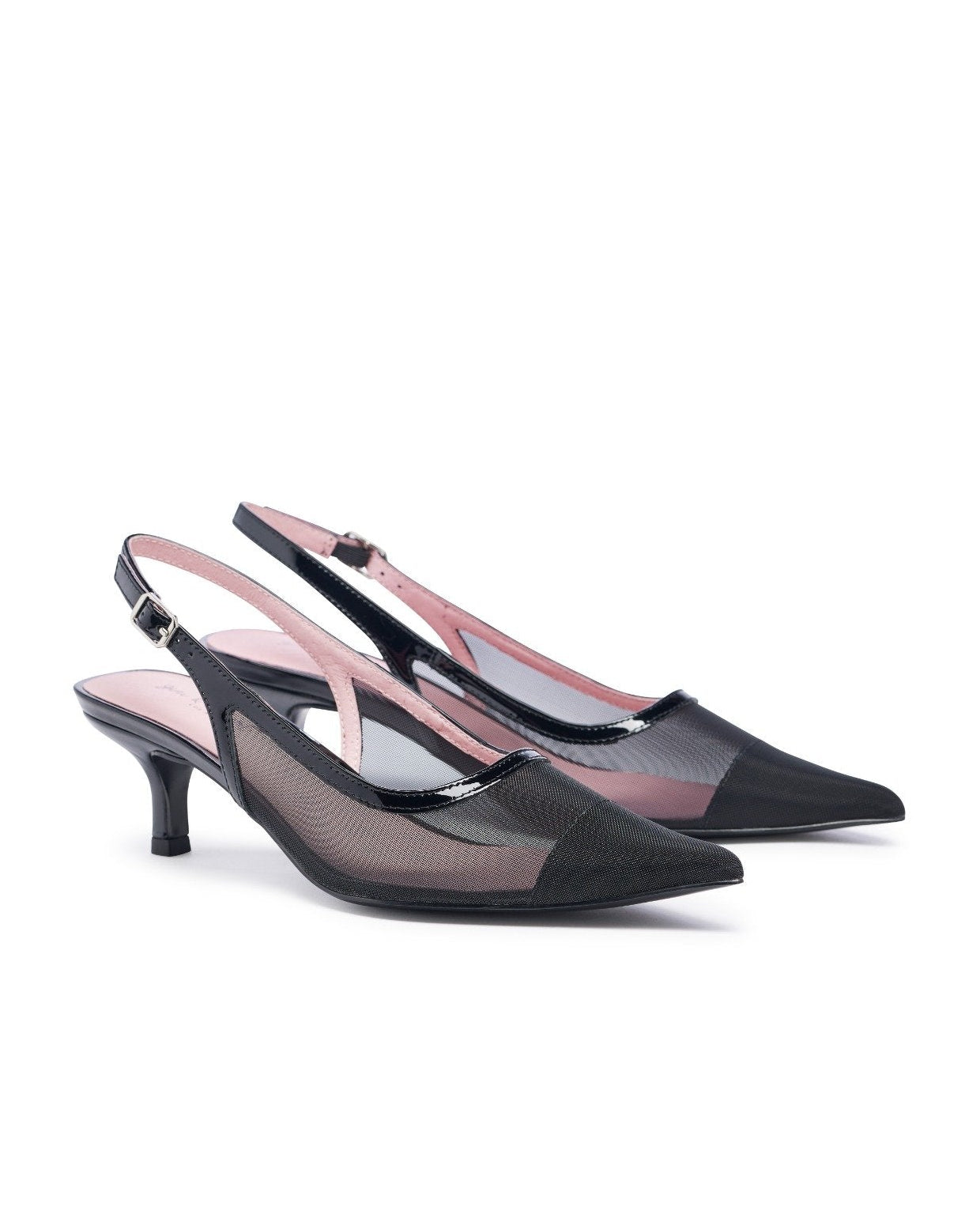 Black slingback heels with transparent straps on a white background. Black