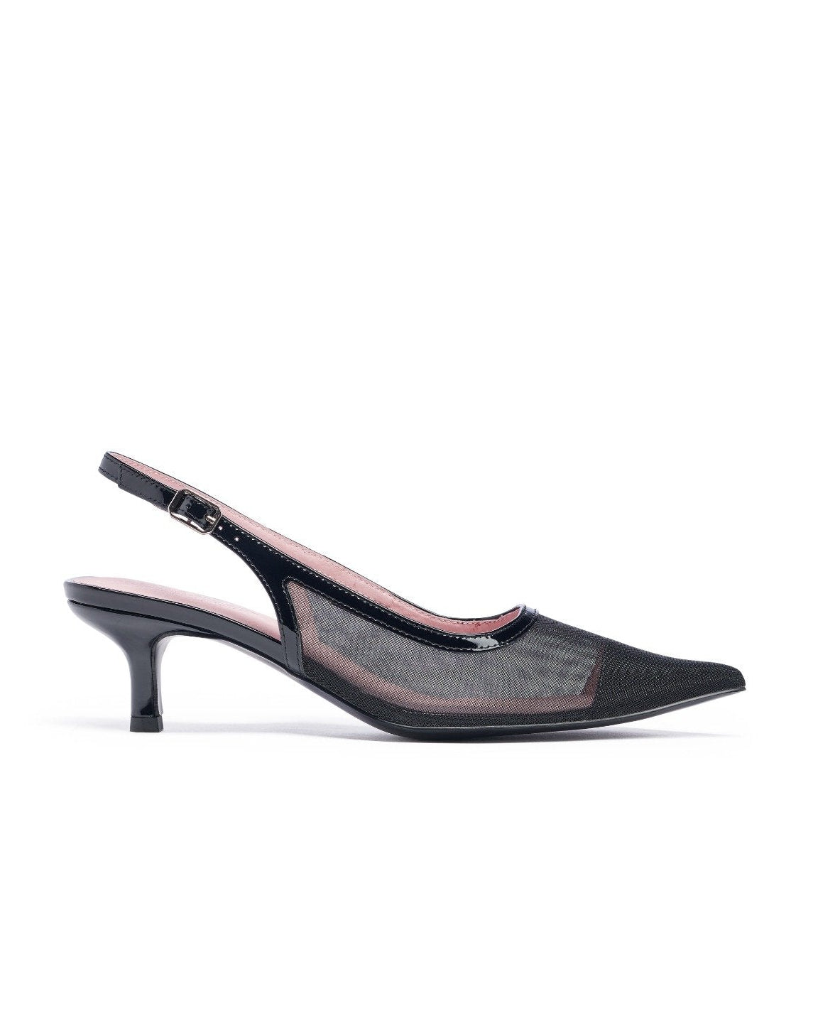 Black slingback shoe with pink interior on a white background. Black
