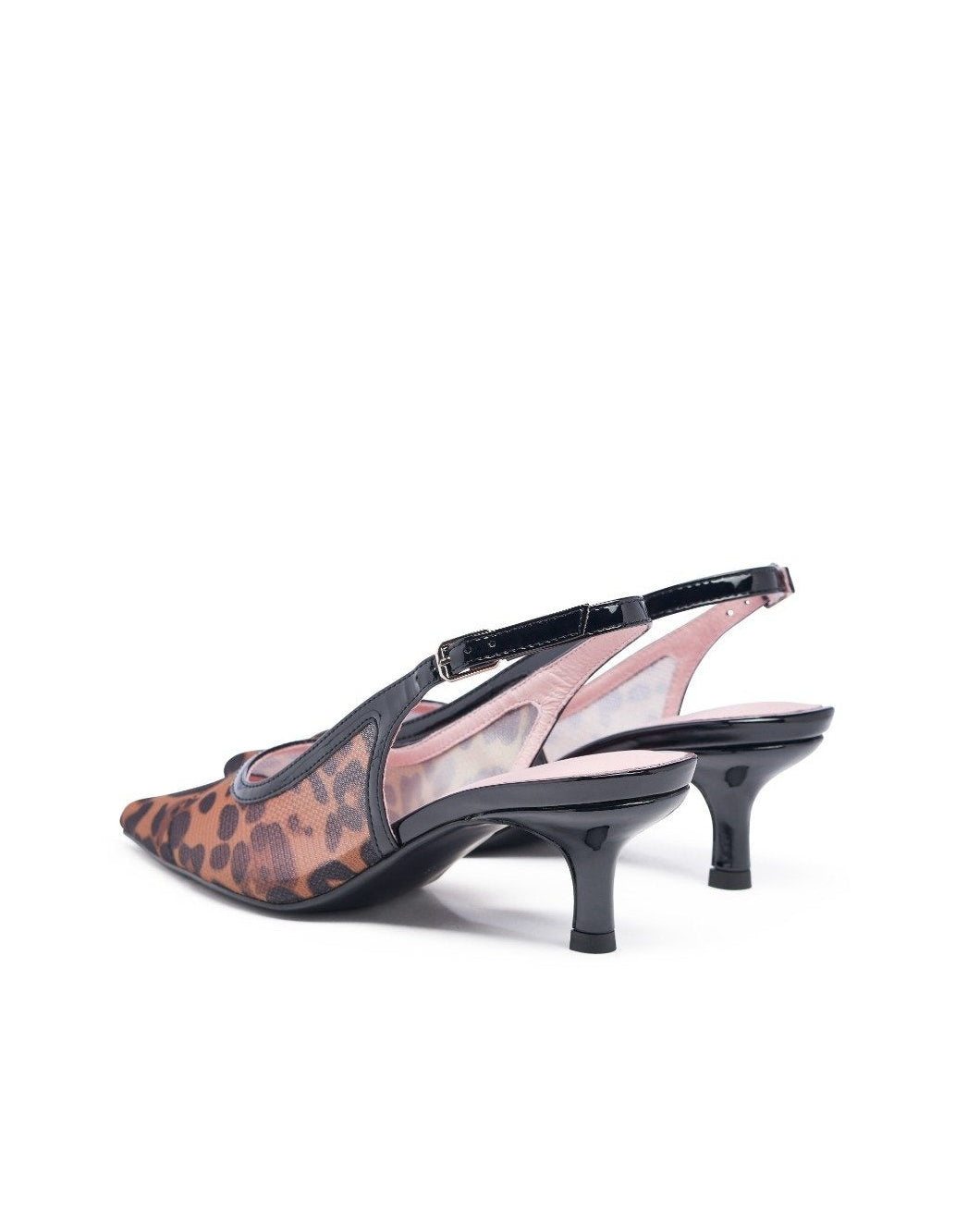 Leopard print high heel shoe on a white background. Leopard