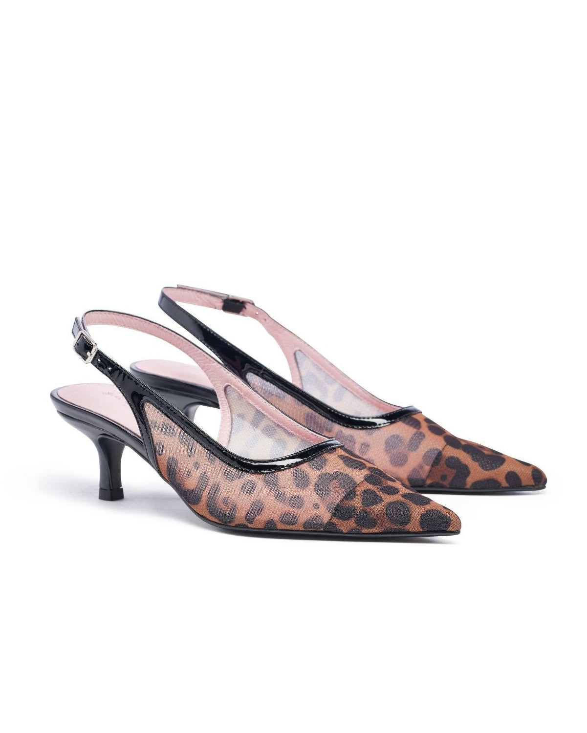 Pair of leopard print high heels on a white background. Leopard