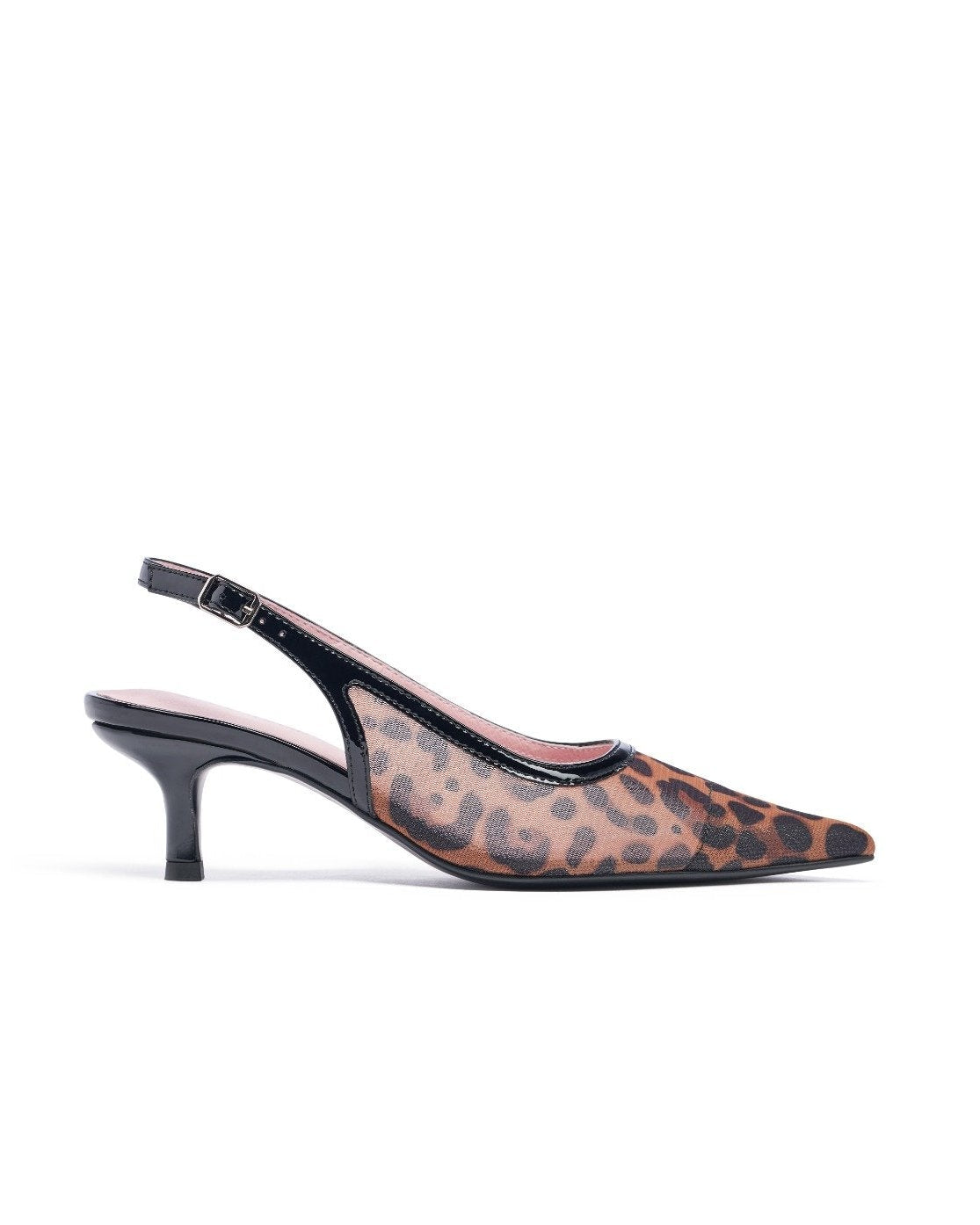 Leopard print slingback shoe on a white background. Leopard