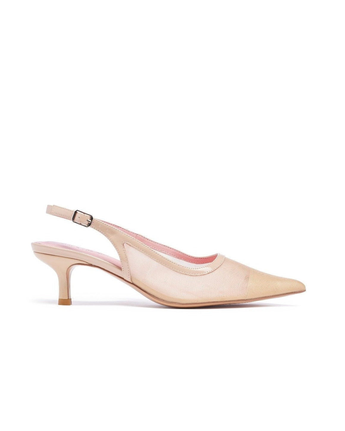Beige slingback shoe on a white background. Nude