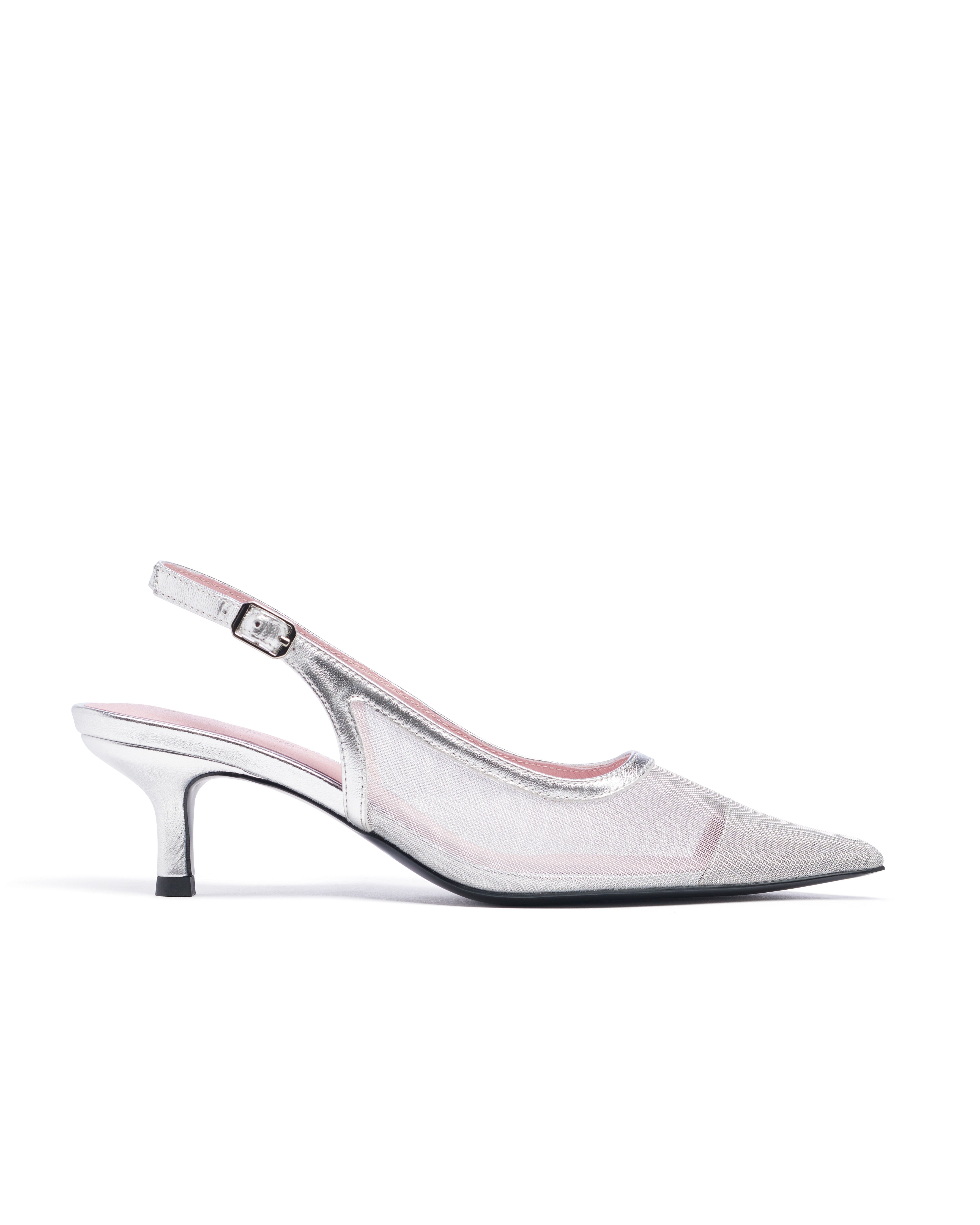 Clear slingback high heel shoe on a white background. Tinsel